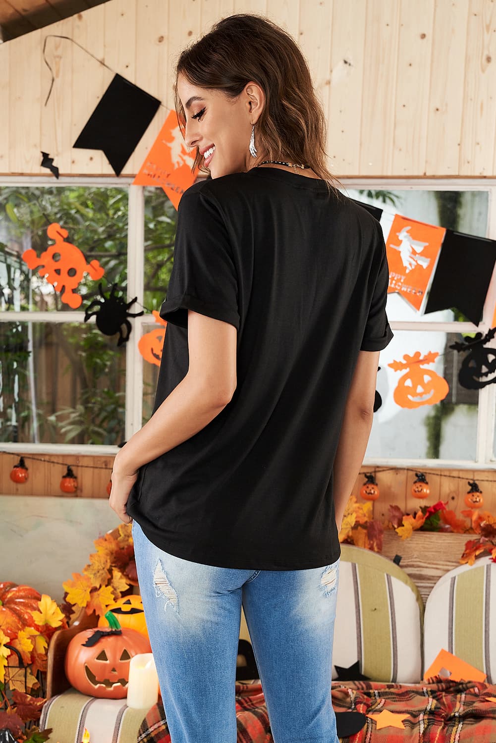 Round Neck Cuffed Short Sleeve Tee Trendsi