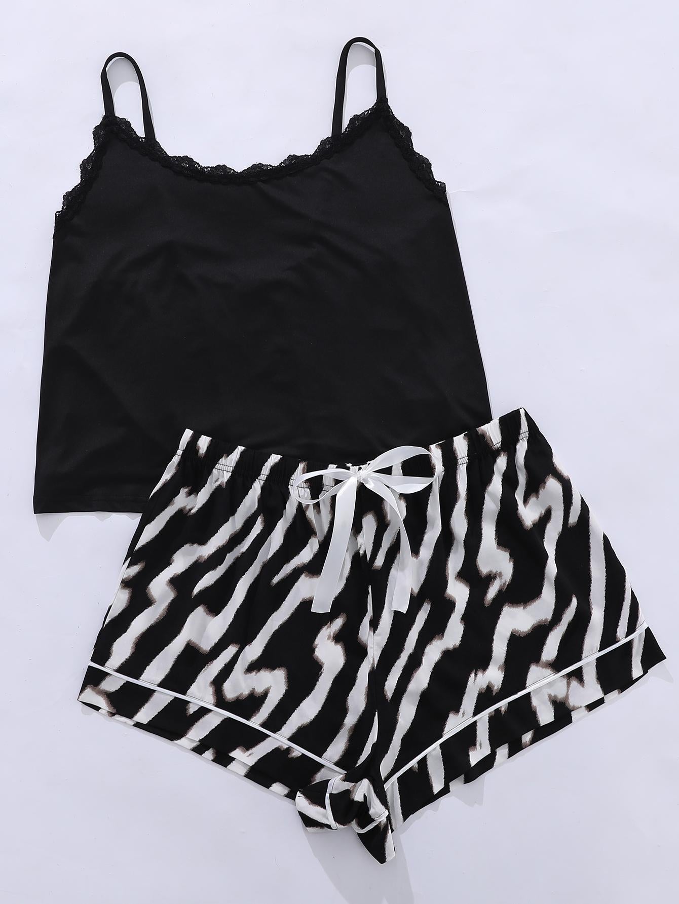 Plus Size Lace Trim Scoop Neck Cami and Printed Shorts Pajama Set Trendsi