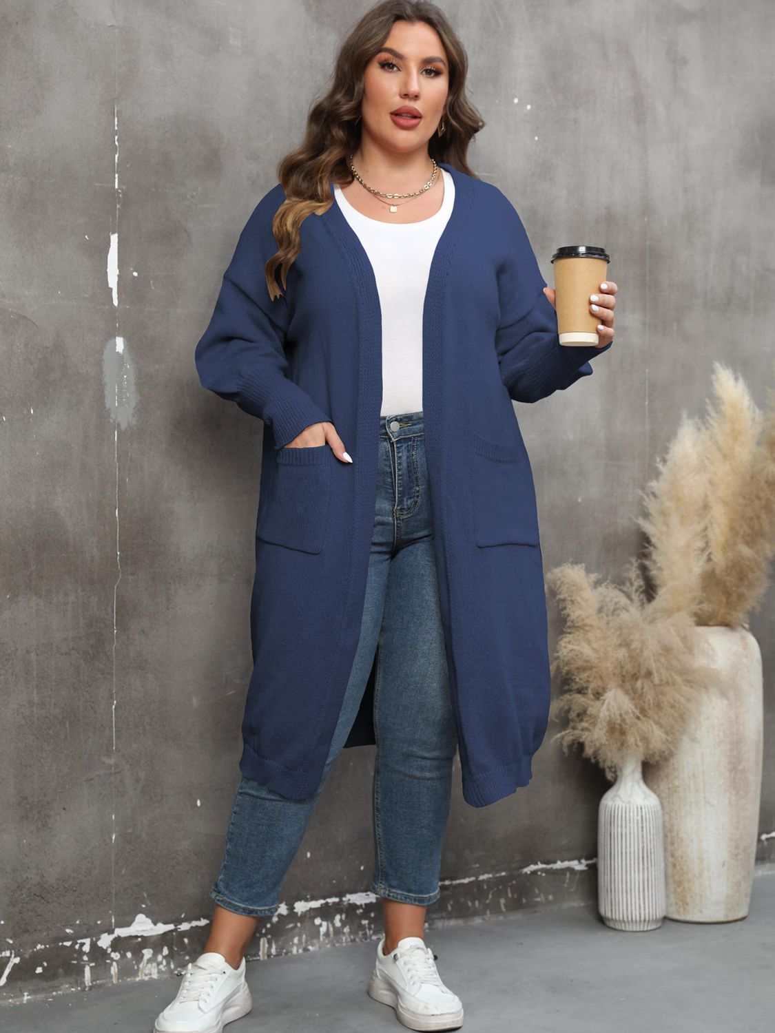 Plus Size Long Sleeve Pocketed Cardigan Trendsi