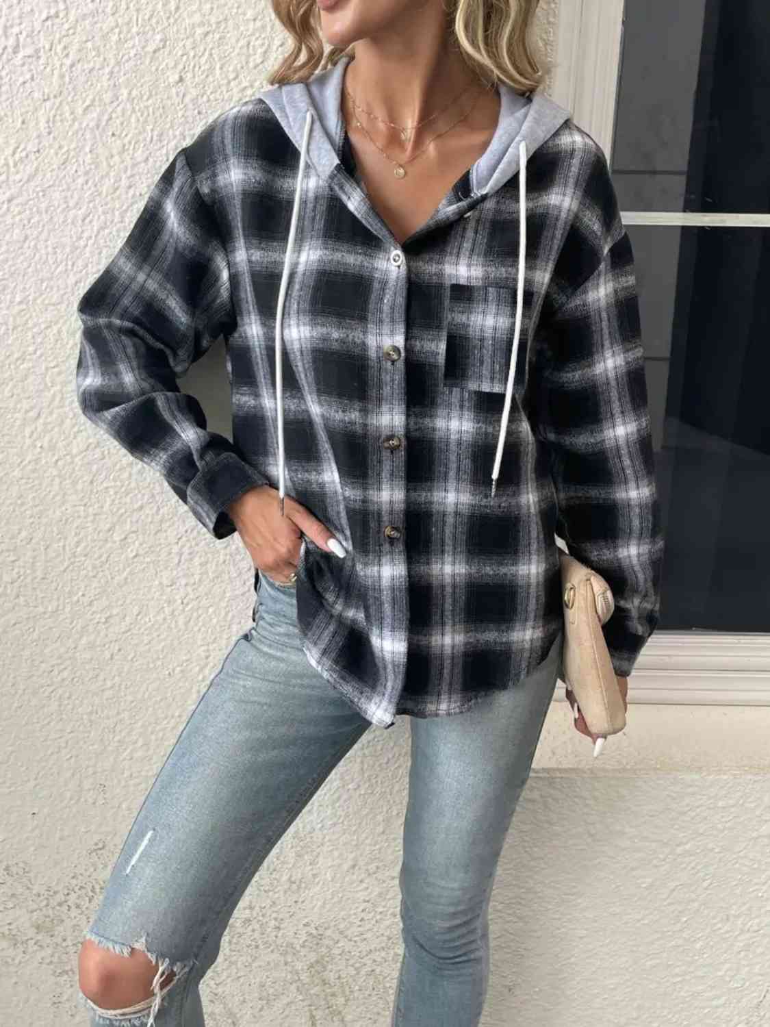 Plaid Drawstring Button Up Hooded Jacket Trendsi