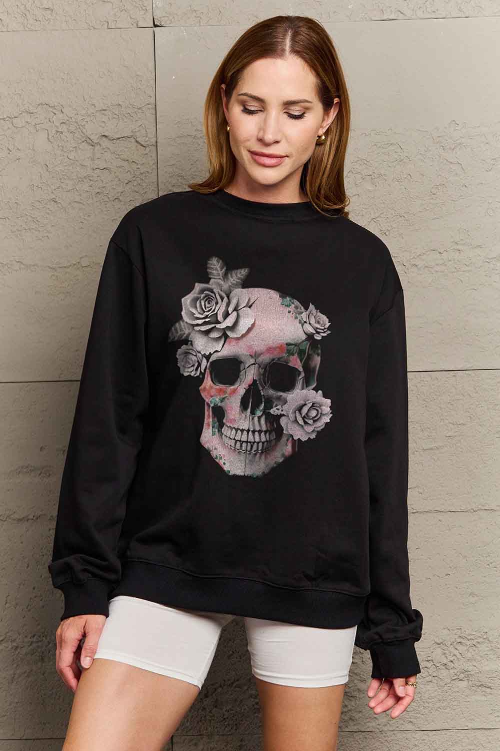 Simply Love Simply Love Full Size Dropped Shoulder SKULL Graphic Sweatshirt Trendsi