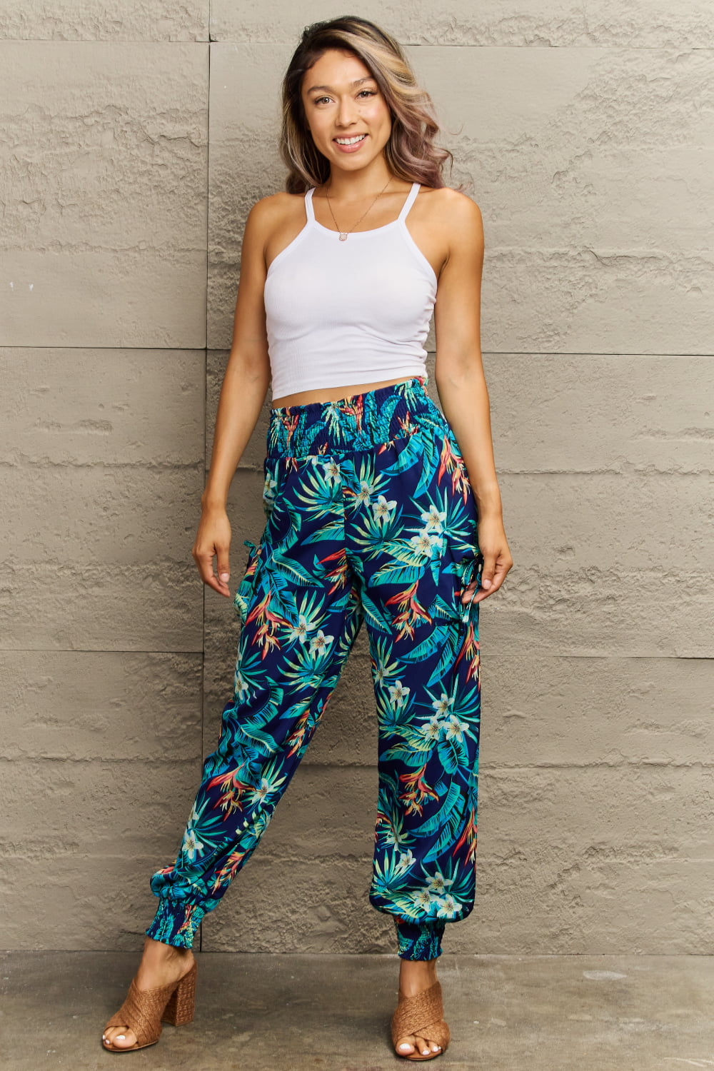Smocked Plant Print Long Pants Trendsi