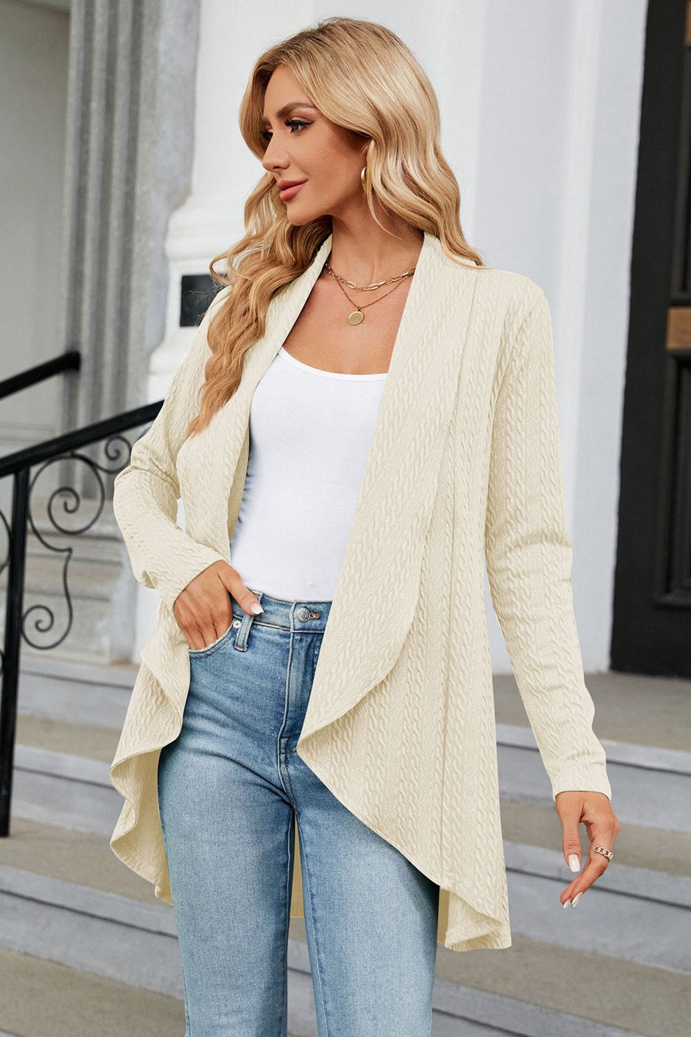 Open Front Long Sleeve Cardigan Trendsi