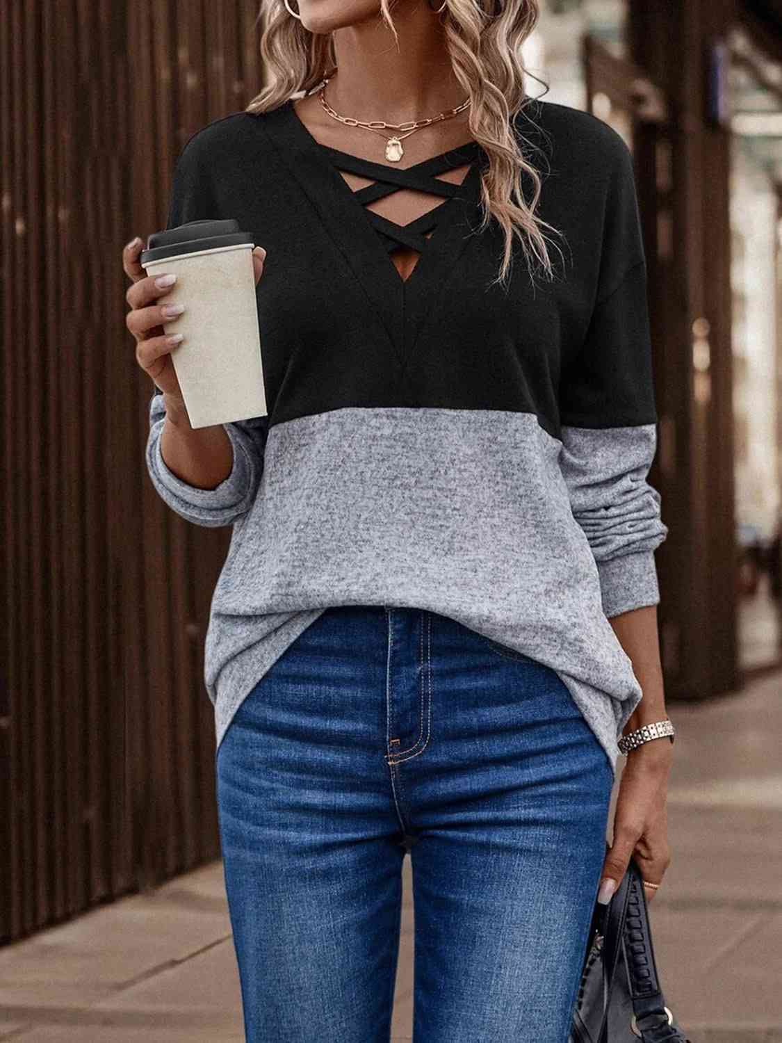 Two-Tone Crisscross Detail Sweatshirt Trendsi