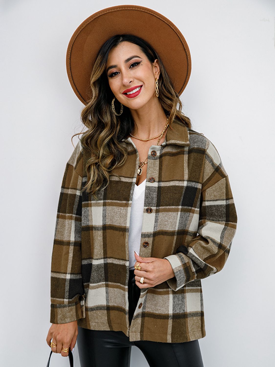 Plaid Button-Down Jacket Trendsi