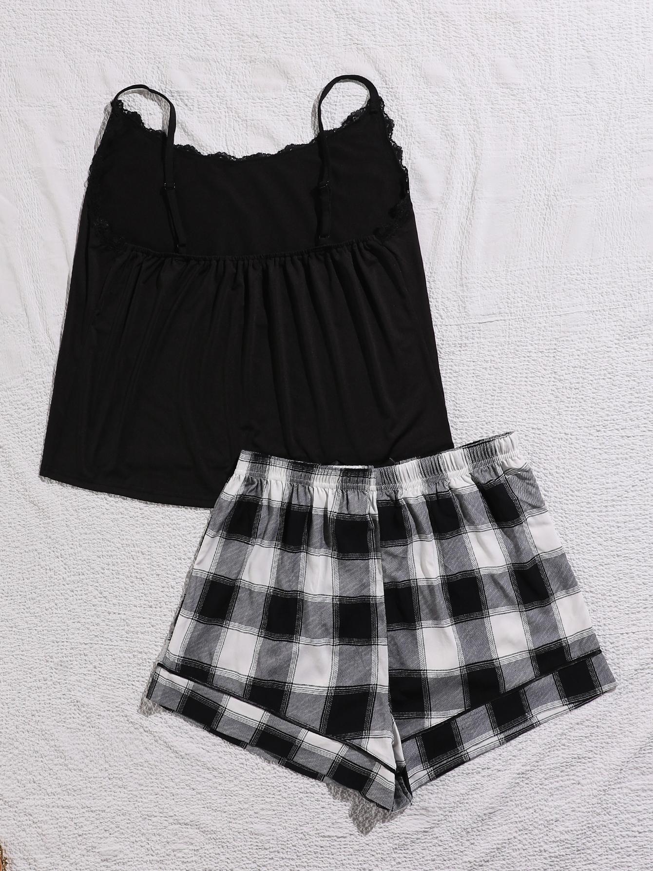 Plus Size Lace Trim Scoop Neck Cami and Printed Shorts Pajama Set Trendsi