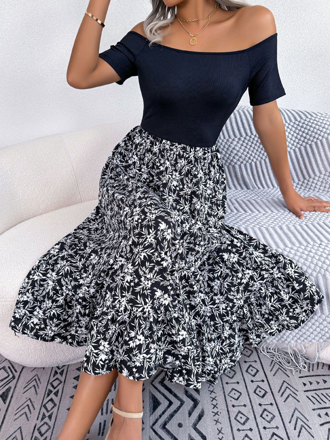 Printed Off-Shoulder Ruffle Hem Dress Trendsi