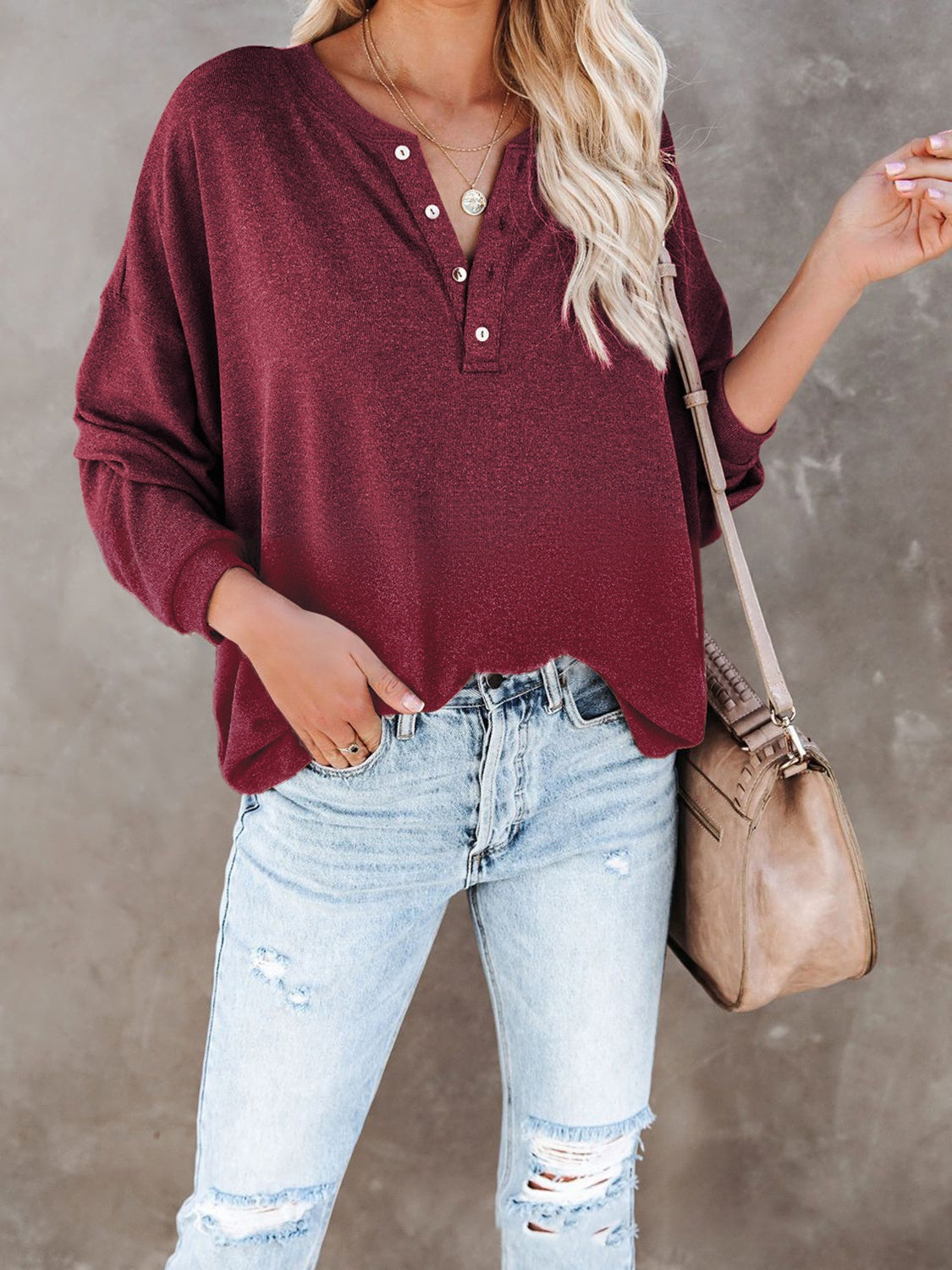 Buttoned Drop Shoulder Top Trendsi