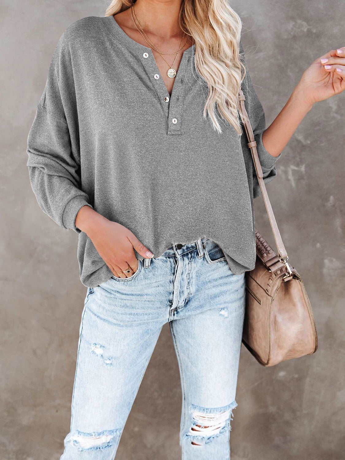 Buttoned Drop Shoulder Top Trendsi
