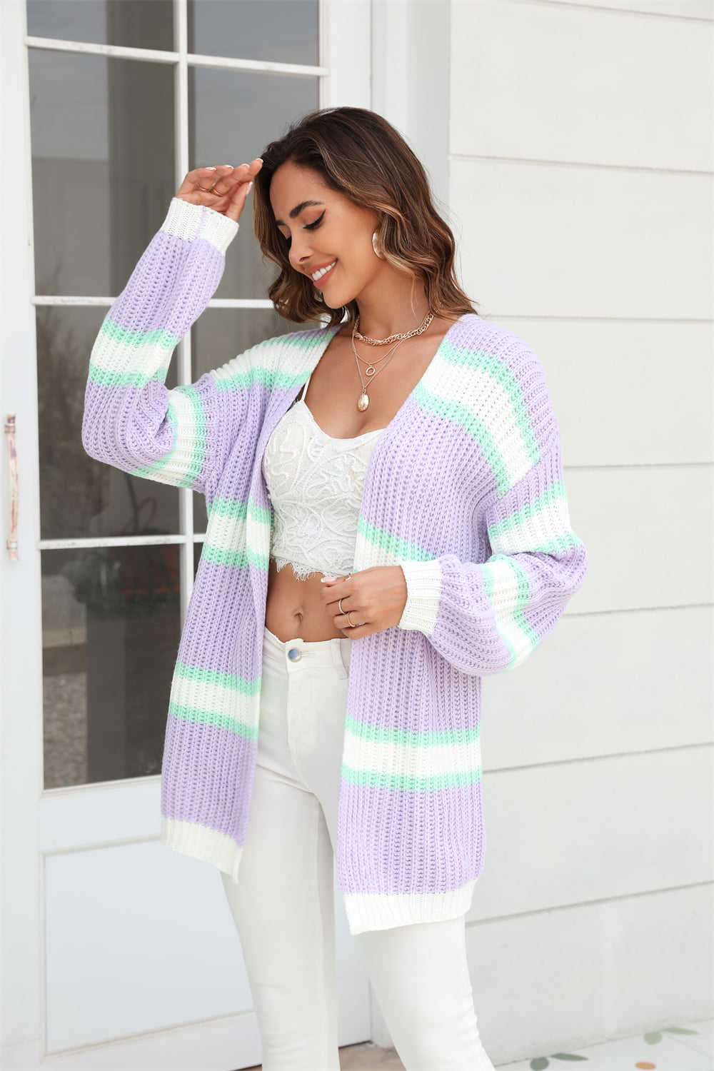 Color Block Ribbed Dropped Shoulder Open Front Cardigan Trendsi