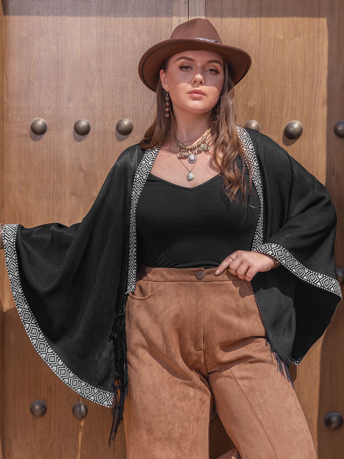 Plus Size Geometric Open Front Fringe Hem Cardigan Trendsi