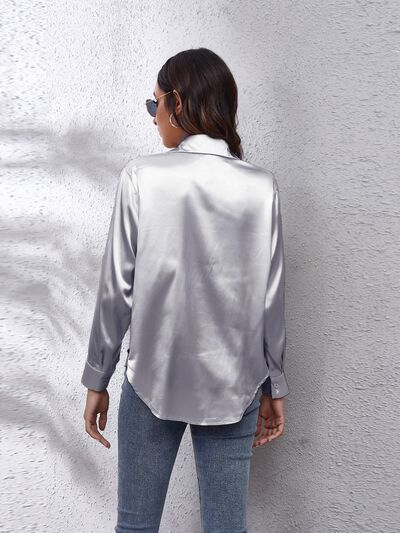 Button Up Collared Neck Long Sleeve Shirt Trendsi