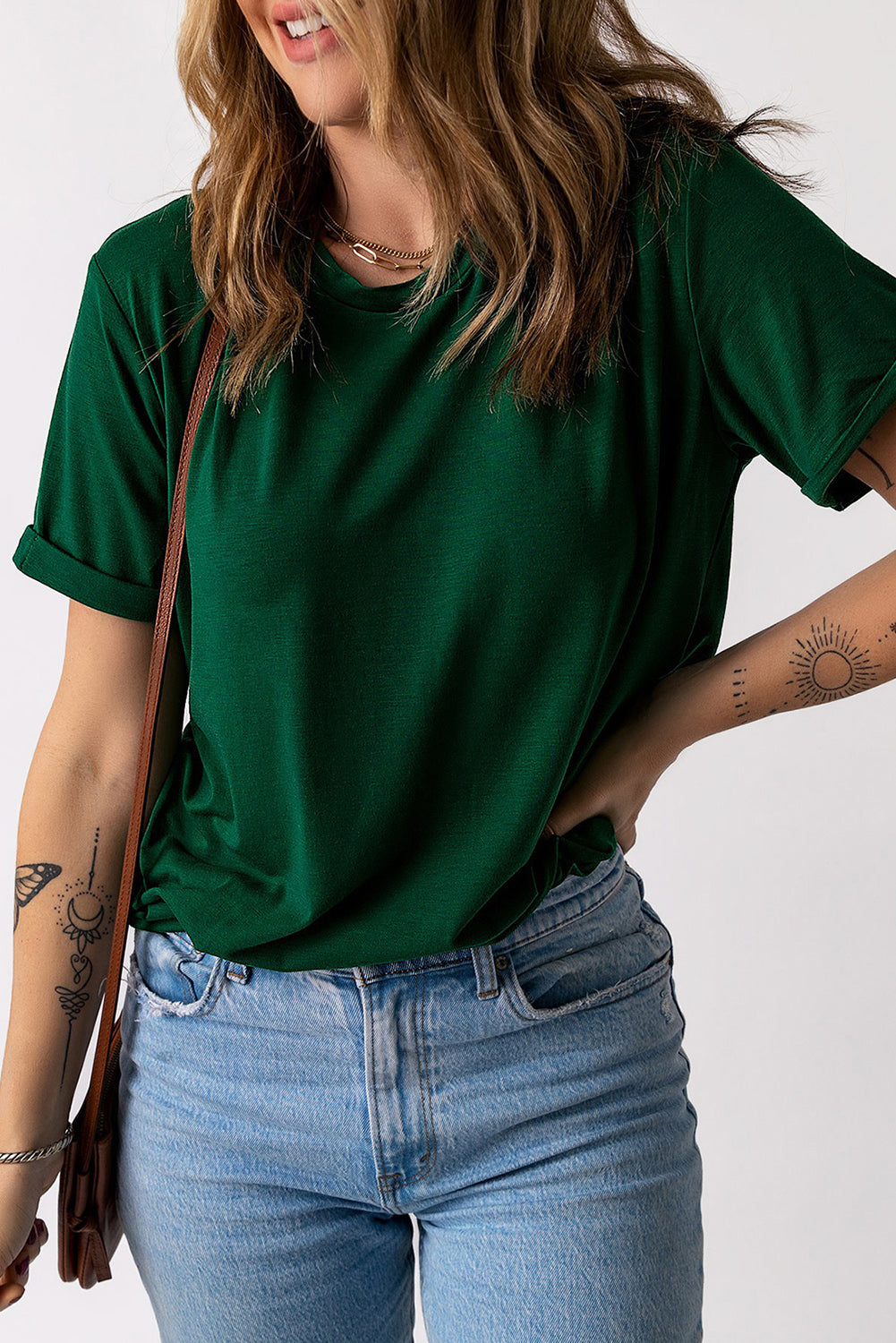 Round Neck Cuffed Short Sleeve Tee Trendsi