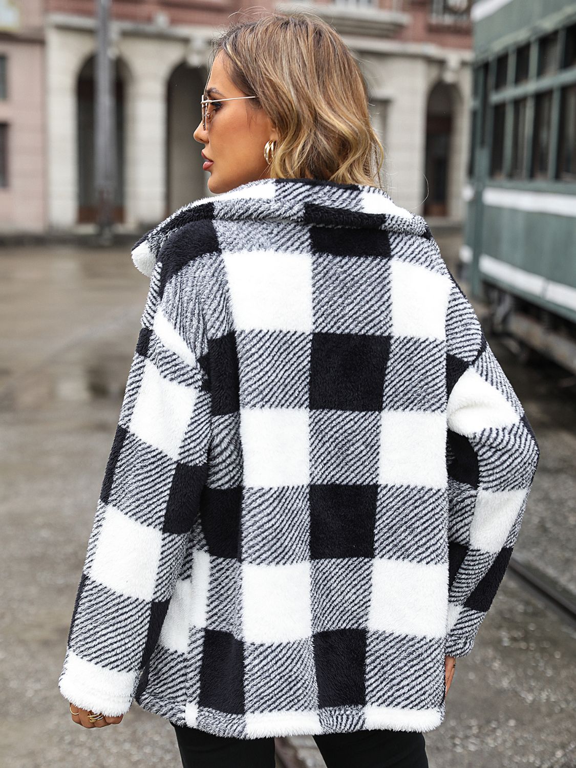 Plaid Collared Neck Button Down Jacket Trendsi