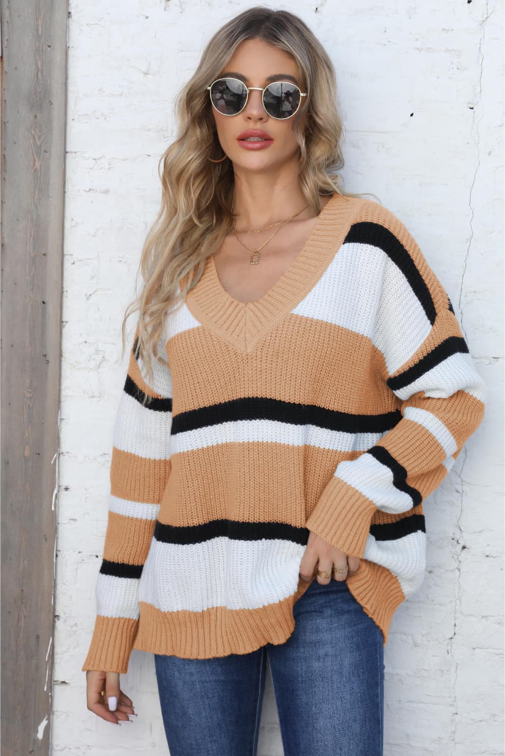 Color Block V-Neck Dropped Shoulder Sweater Trendsi