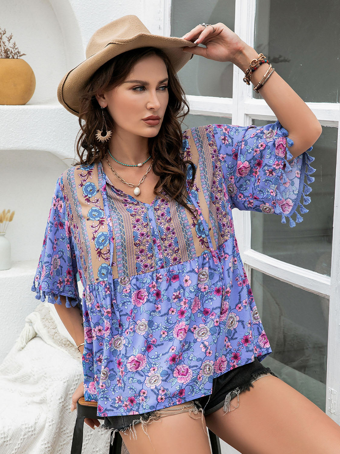 Plus Size Printed V-Neck Half Sleeve Blouse Trendsi