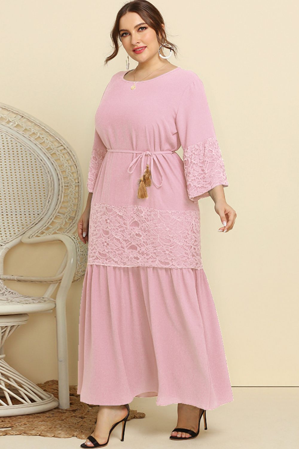 Plus Size Spliced Lace Tassel Belted Dress Trendsi