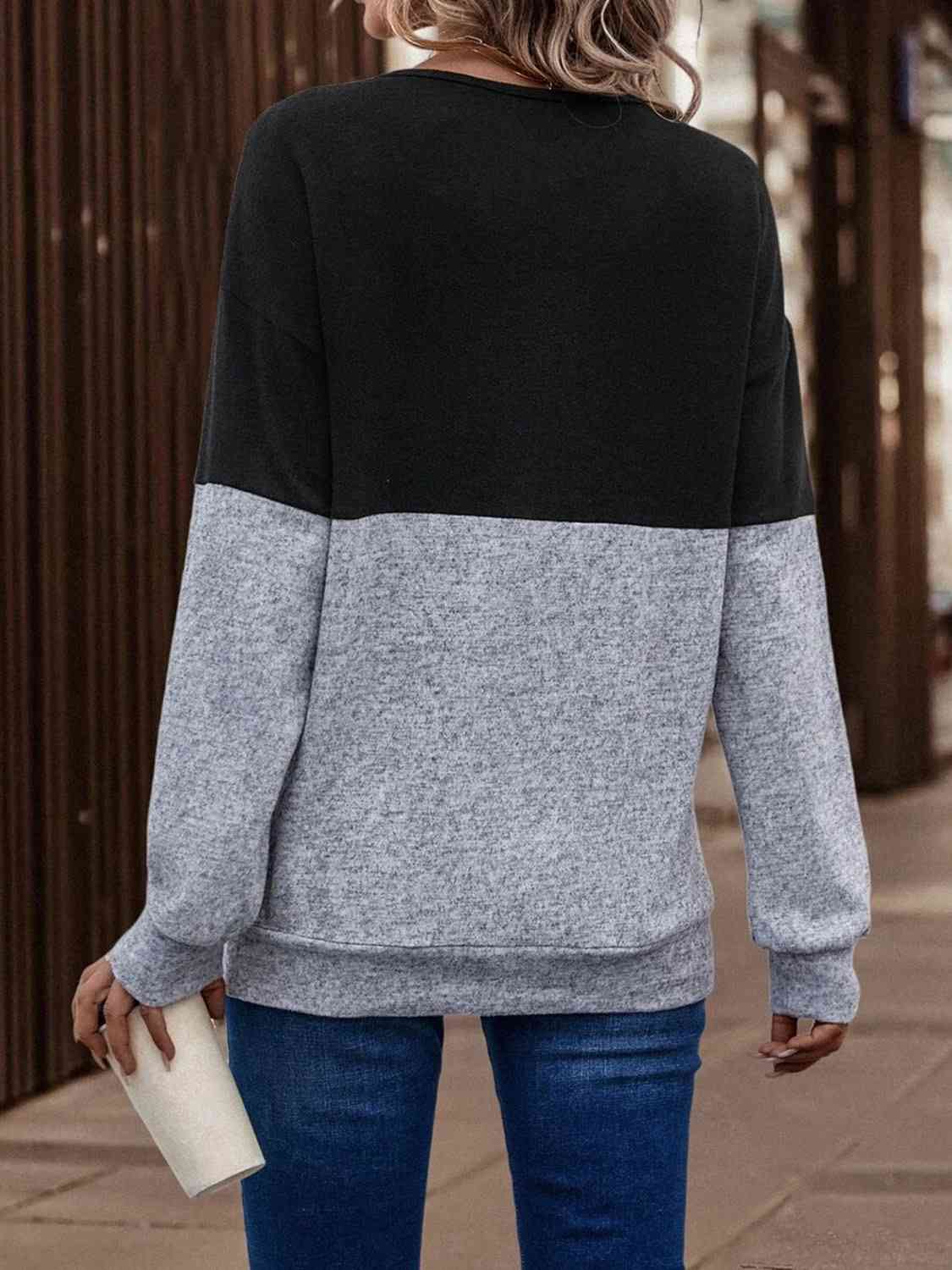 Two-Tone Crisscross Detail Sweatshirt Trendsi