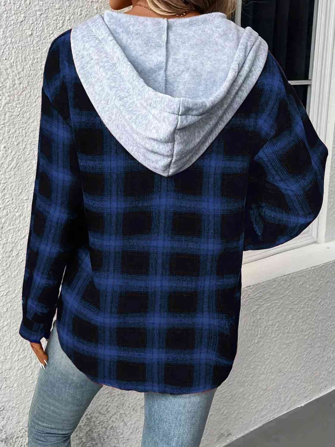Plaid Drawstring Button Up Hooded Jacket Trendsi