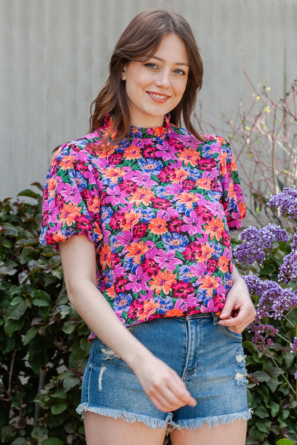 Floral Print Puff Sleeve Round Neck Blouse Trendsi
