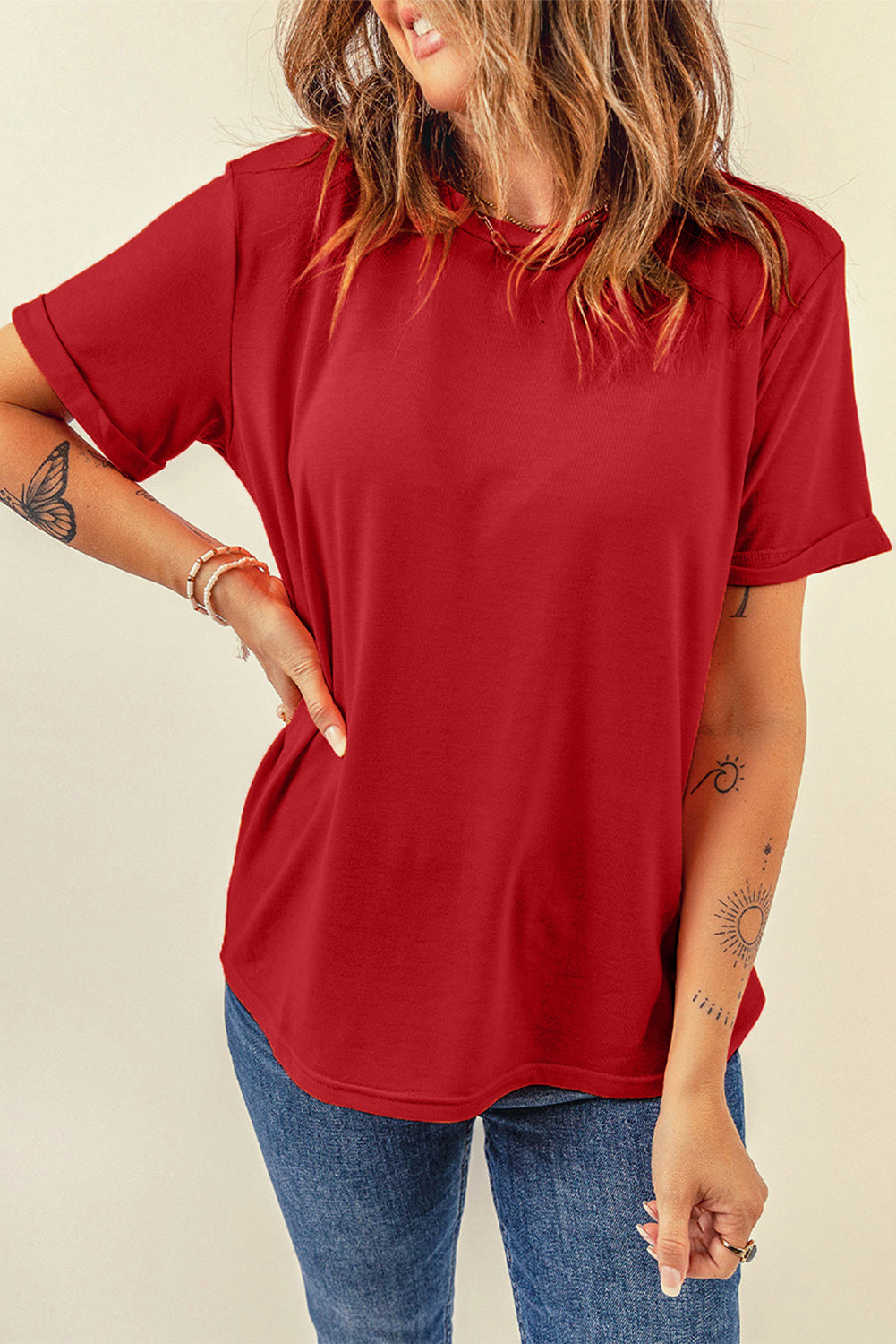 Round Neck Cuffed Short Sleeve Tee Trendsi