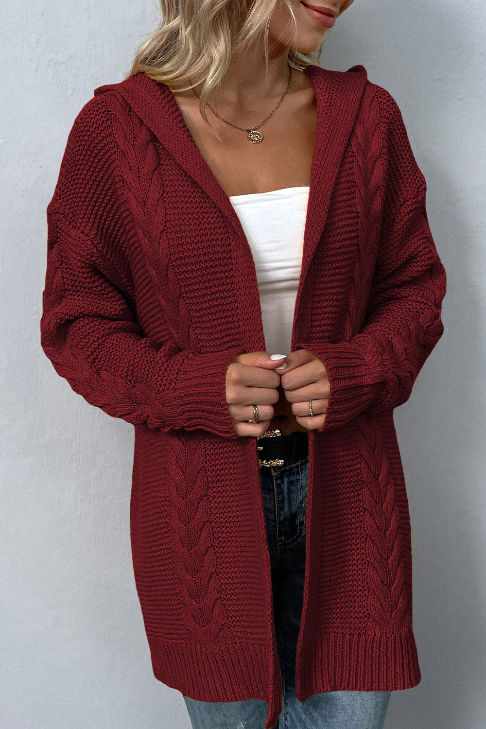 Cable-Knit Dropped Shoulder Hooded Cardigan Trendsi