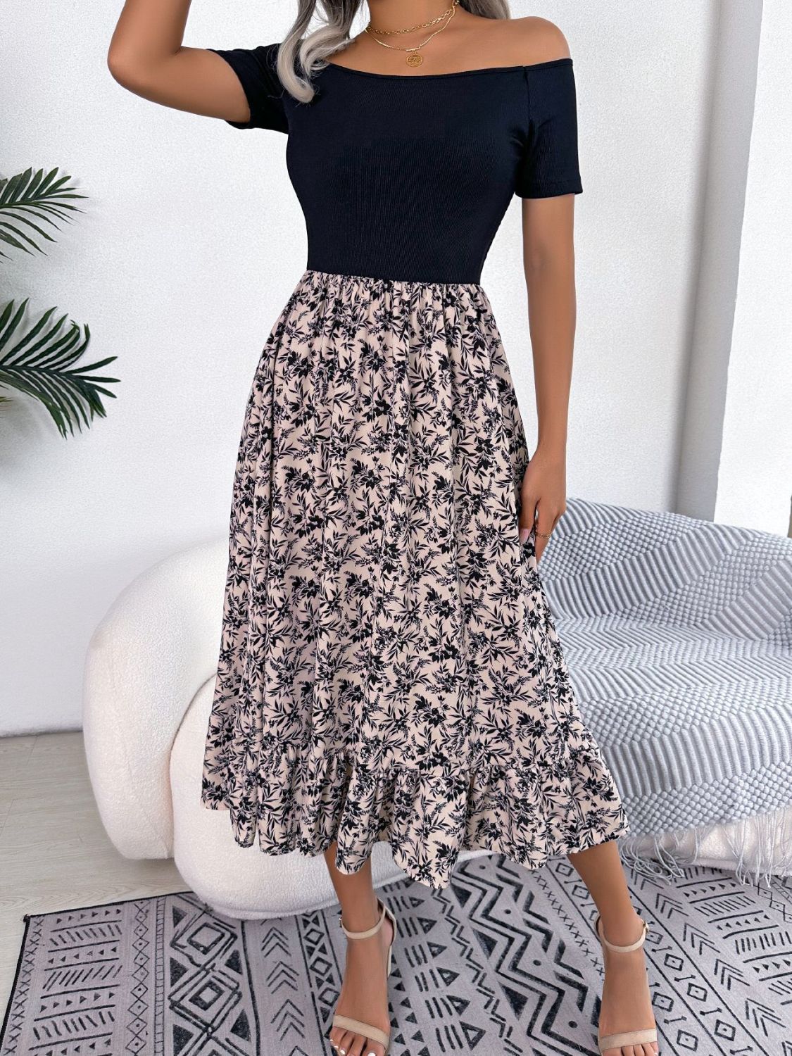 Printed Off-Shoulder Ruffle Hem Dress Trendsi