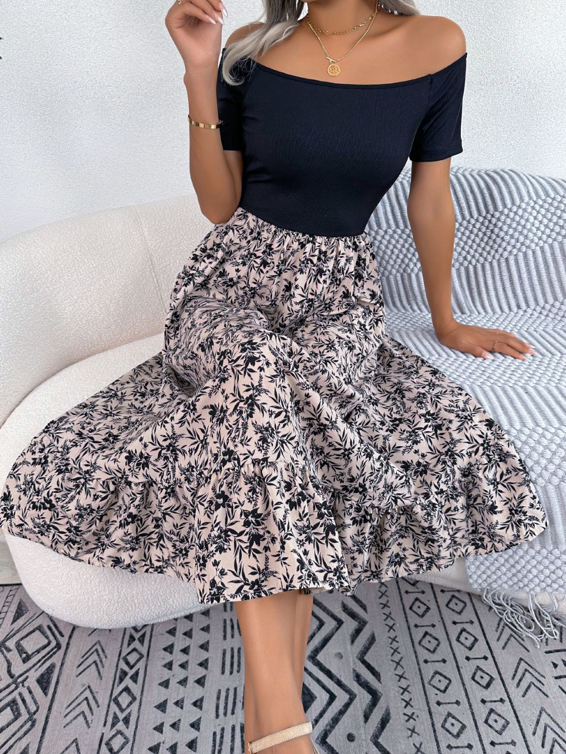 Printed Off-Shoulder Ruffle Hem Dress Trendsi