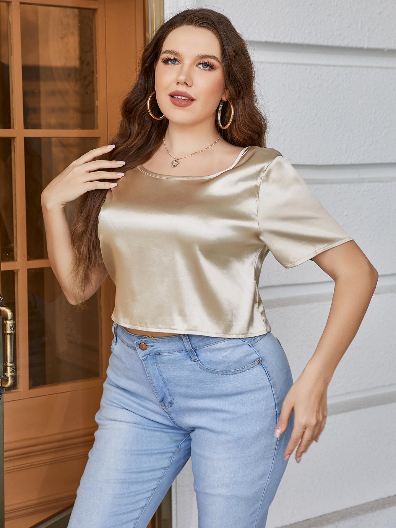 Plus Size Short Sleeve Tie Back Blouse Trendsi