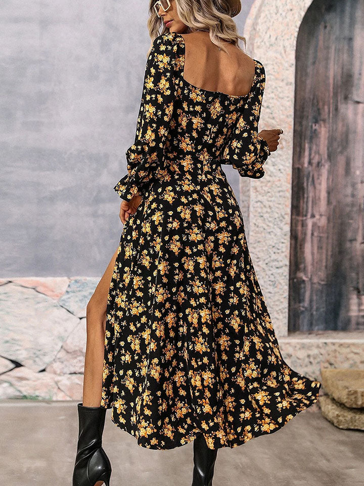 Square Neck Printed Slit Dress Trendsi