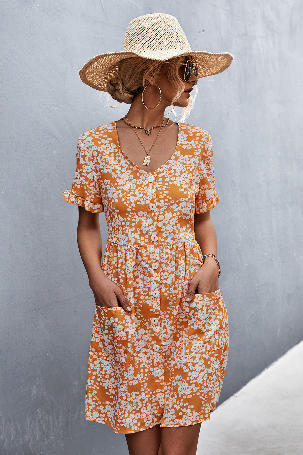 Printed Button down Pocketed Dress Trendsi