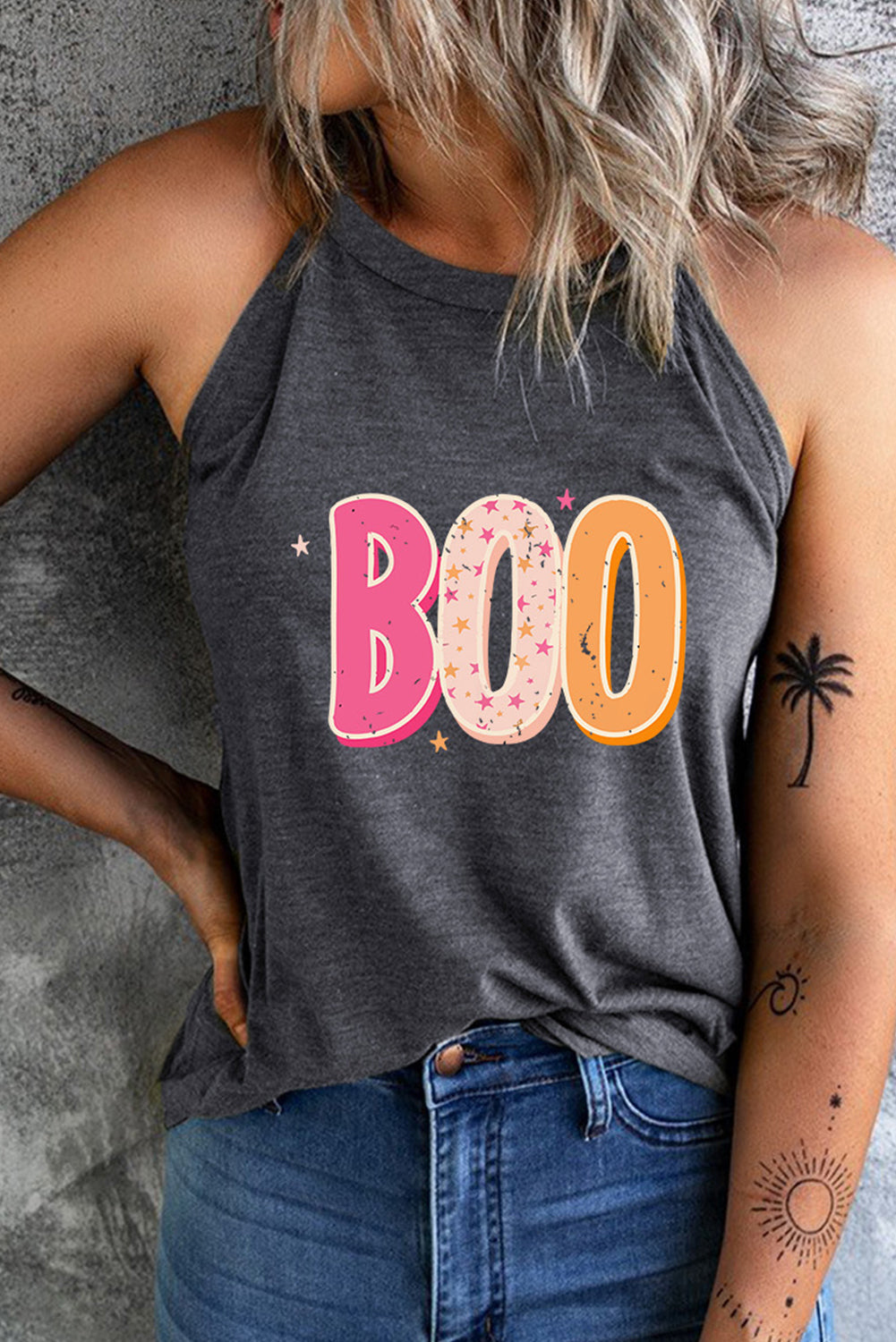 Round Neck Sleeveless BOO Graphic Tank Top Trendsi