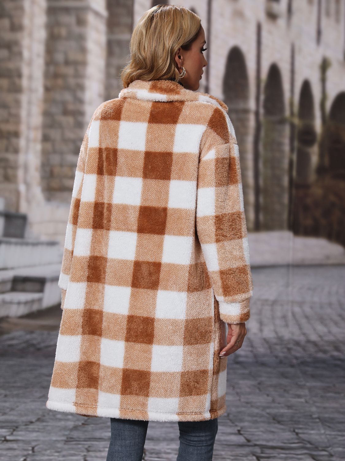 Plaid Collared Neck Button Down Coat Trendsi