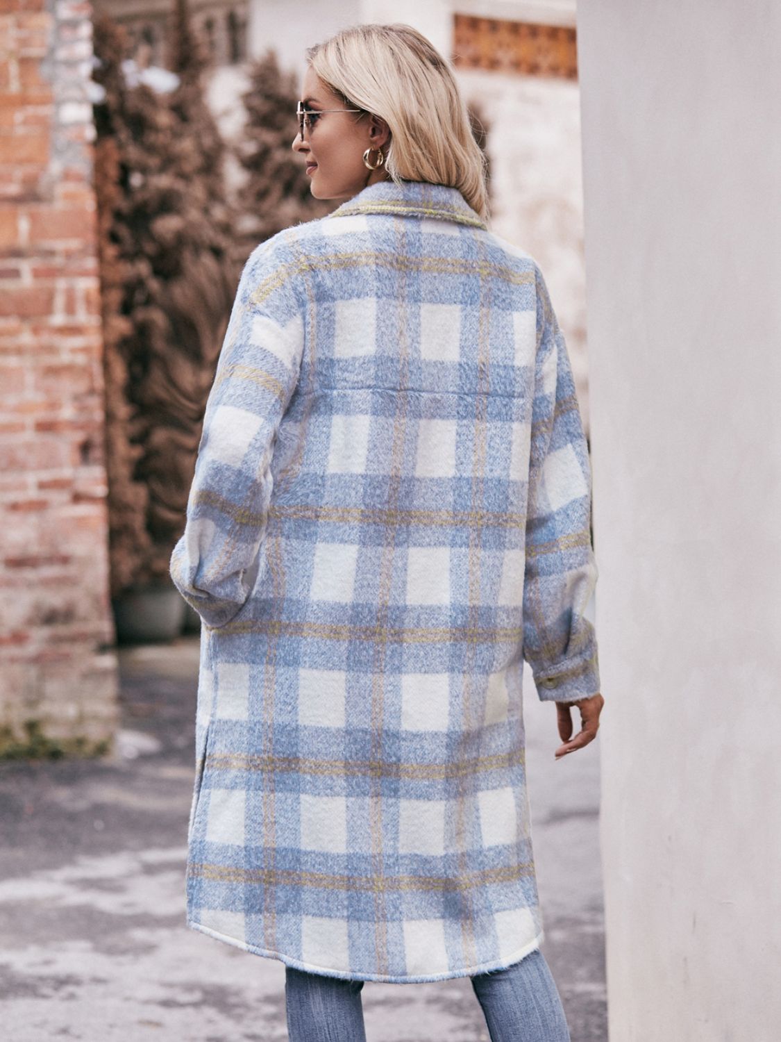 Plaid Dropped Shoulder Slit Coat Trendsi