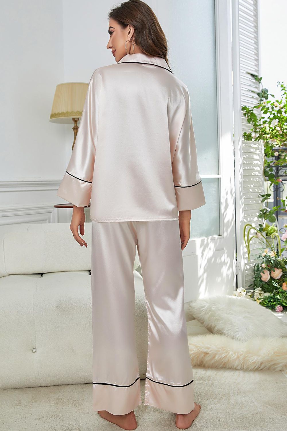 Contrast Piping Button-Up Top and Pants Pajama Set Trendsi