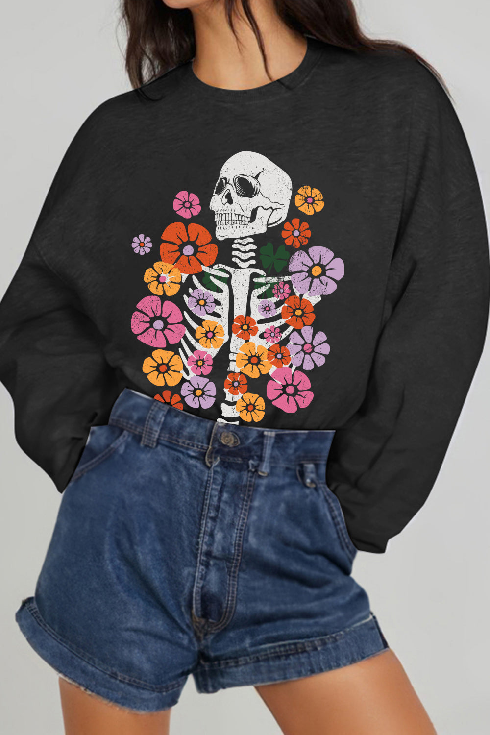 Simply Love Simply Love Full Size Flower Skeleton Graphic Sweatshirt Trendsi