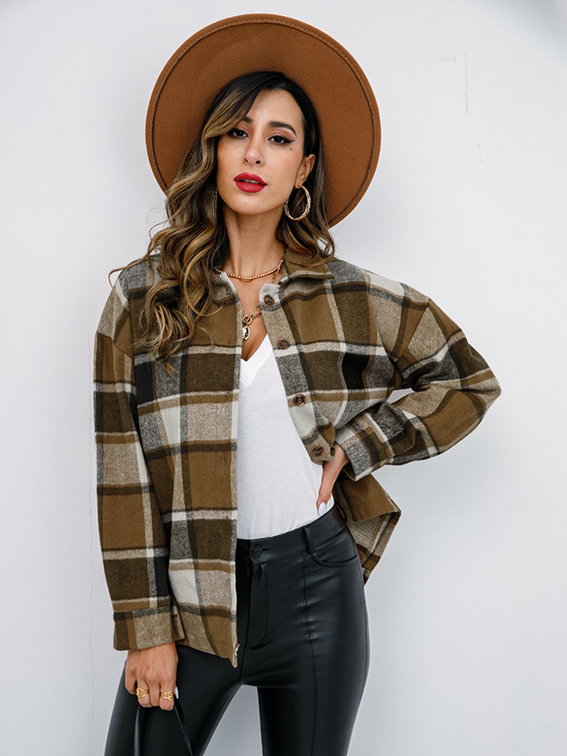 Plaid Button-Down Jacket Trendsi