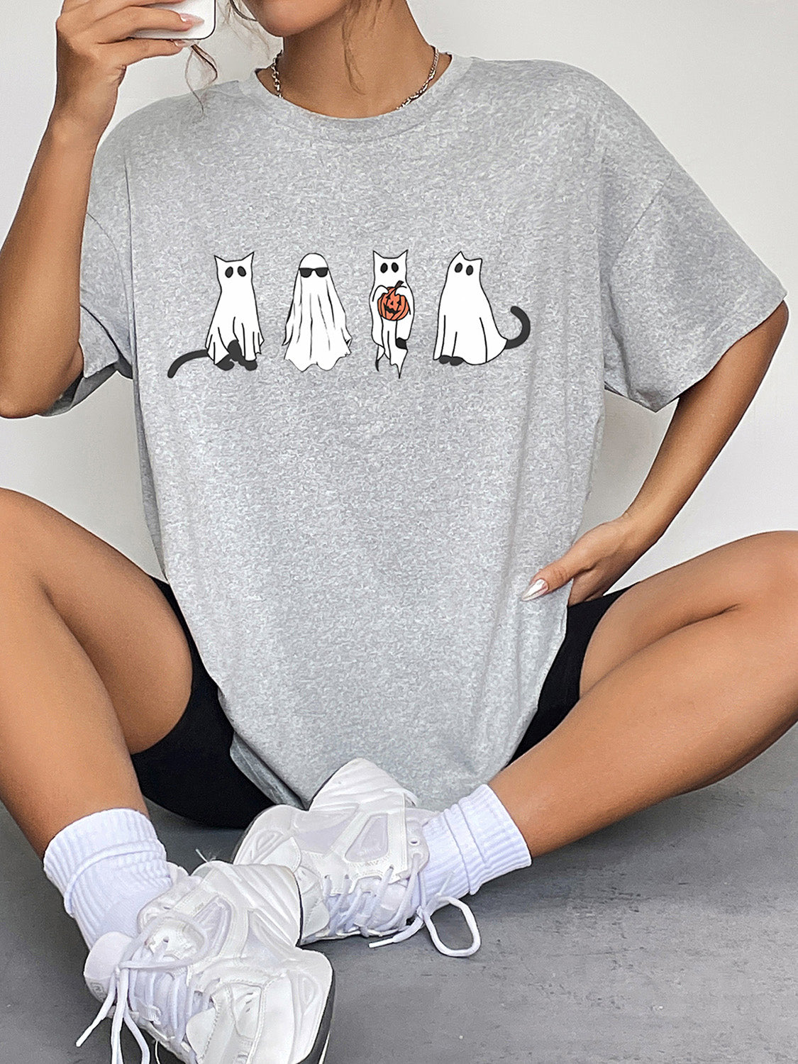 Round Neck Short Sleeve Ghost Graphic T-Shirt Trendsi