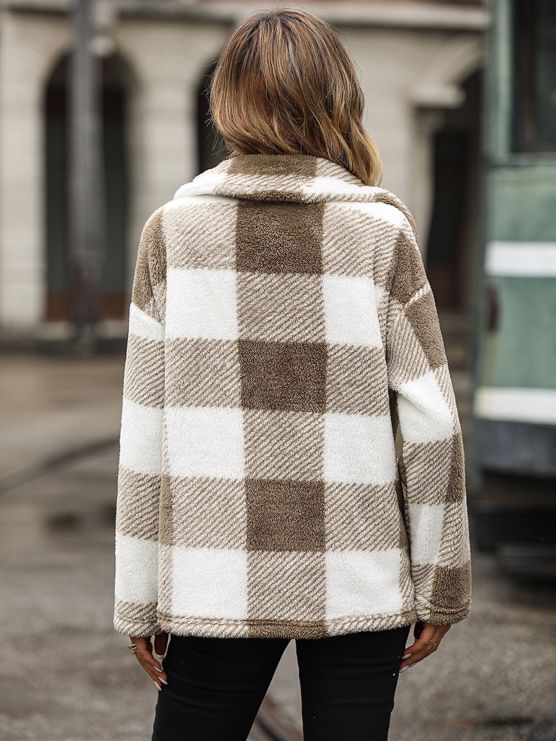 Plaid Collared Neck Button Down Jacket Trendsi