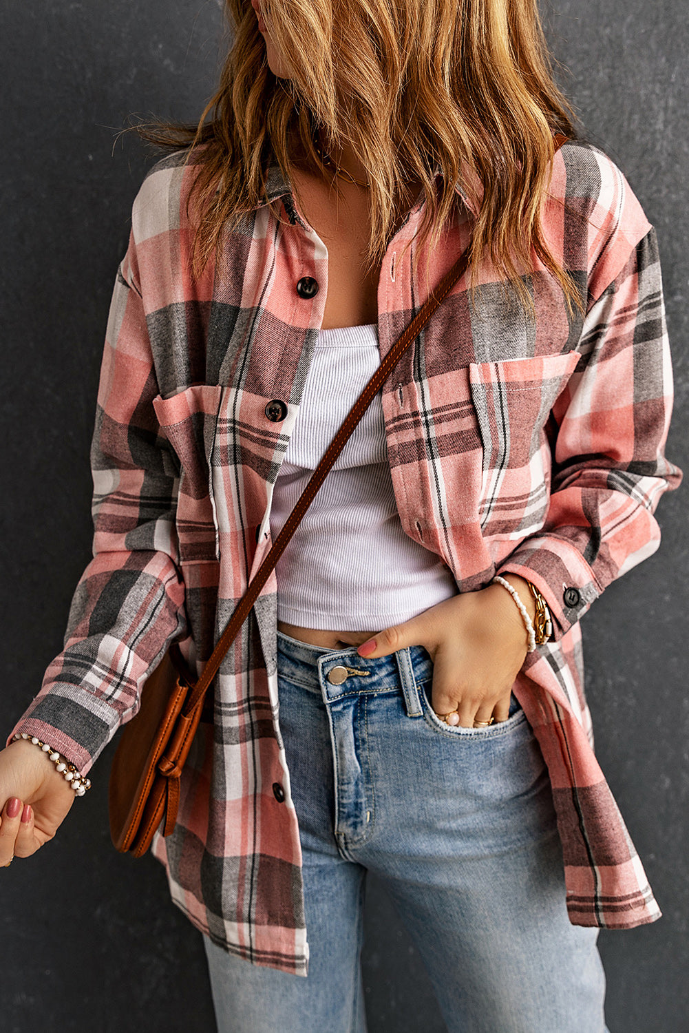 Double Take Plaid Dropped Shoulder Longline Shirt Trendsi