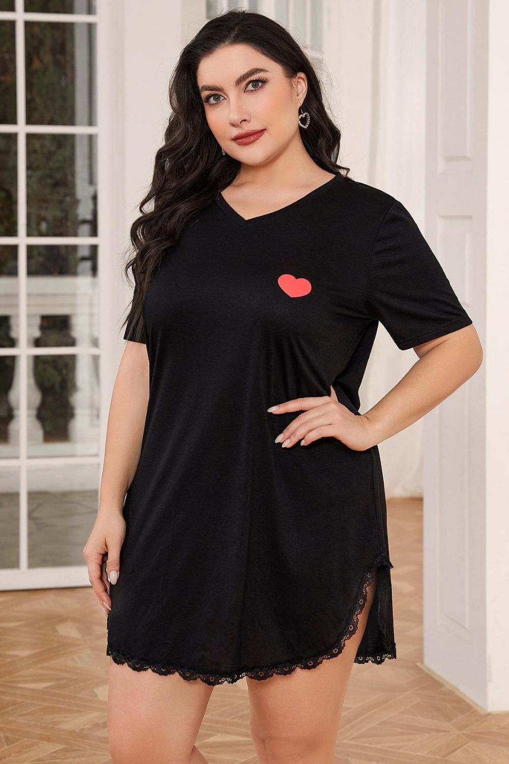 Plus Size Lace Trim V-Neck Short Sleeve Night Dress Trendsi
