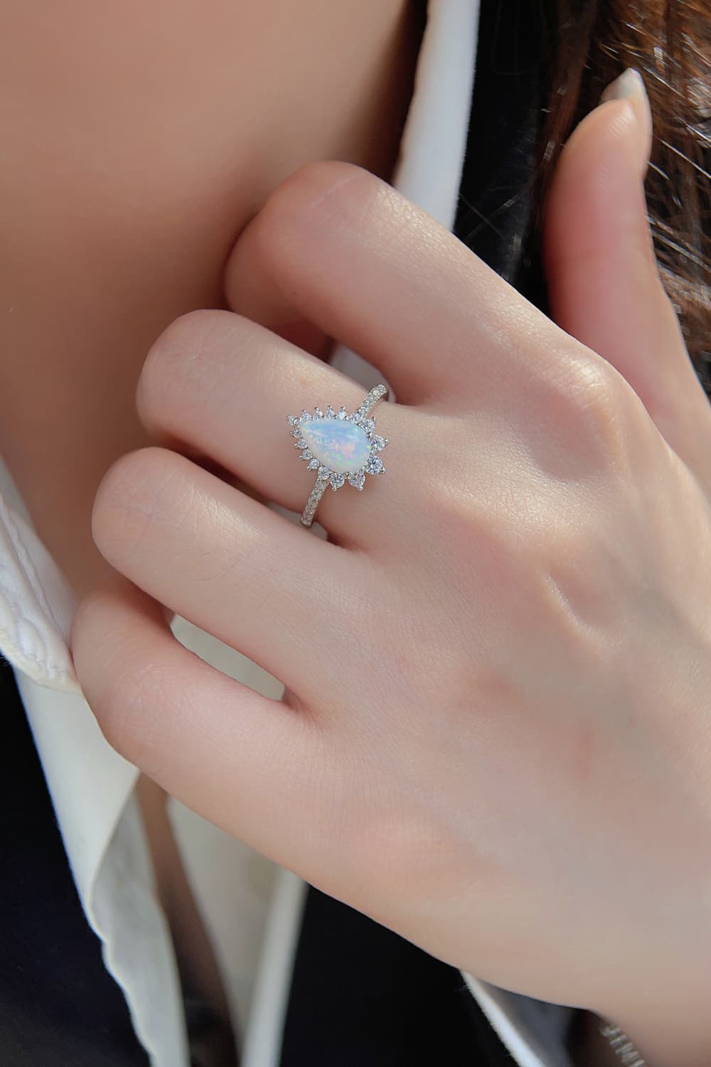 Platinum-Plated Opal Pear Shape Ring Trendsi