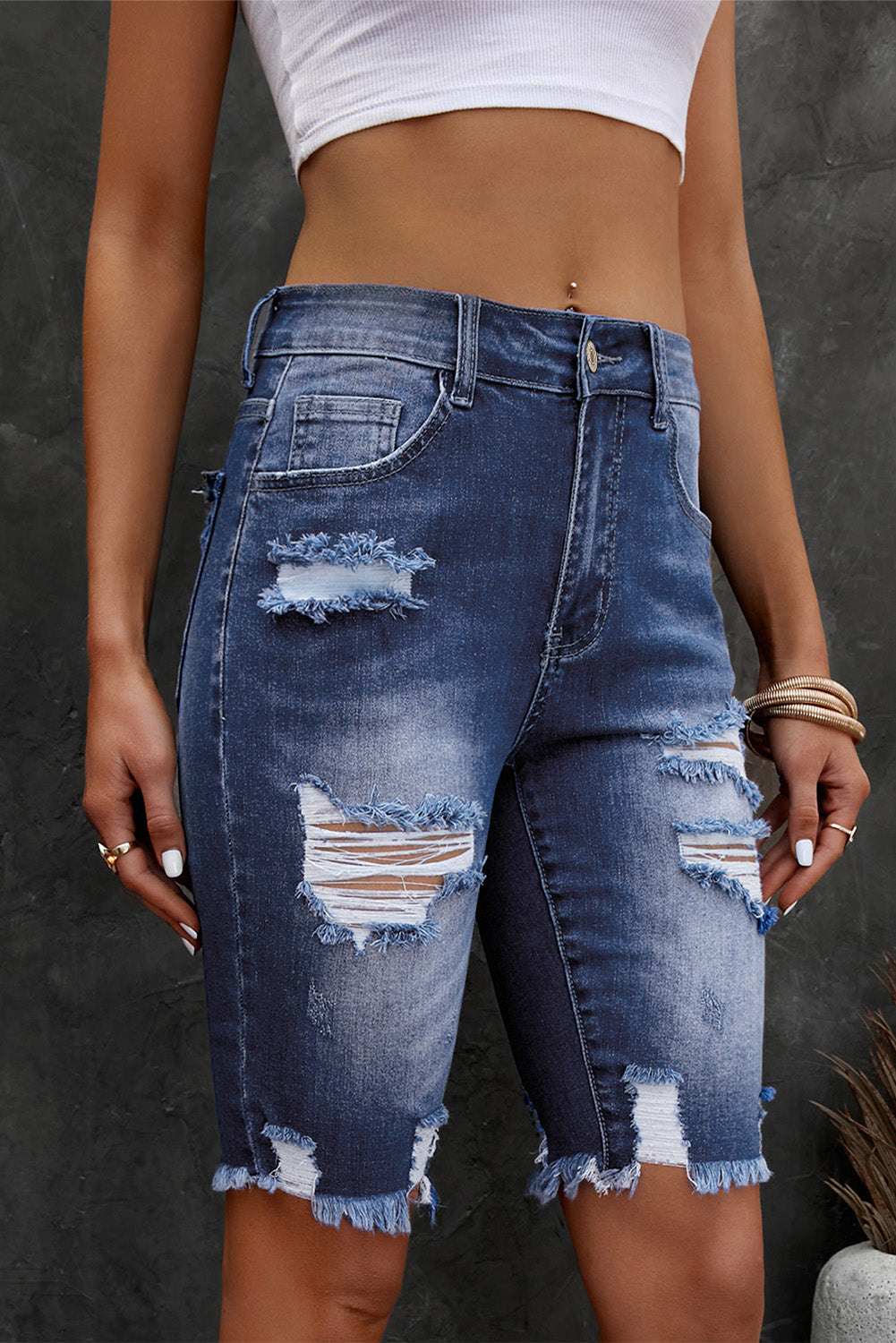 Distressed Frayed Hem Denim Bermuda Shorts Trendsi