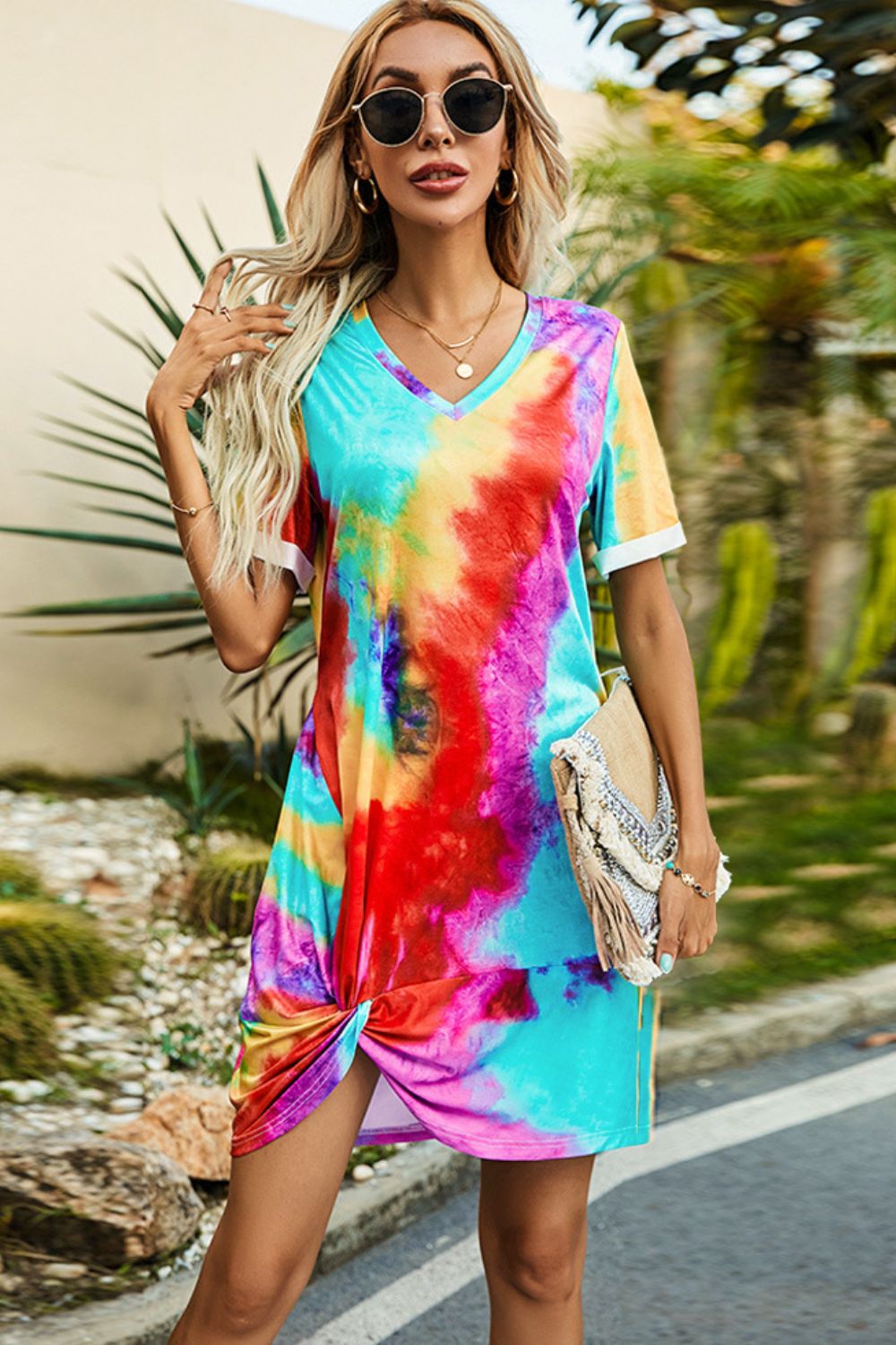 Twisted V-Neck Short Sleeve Dress Trendsi