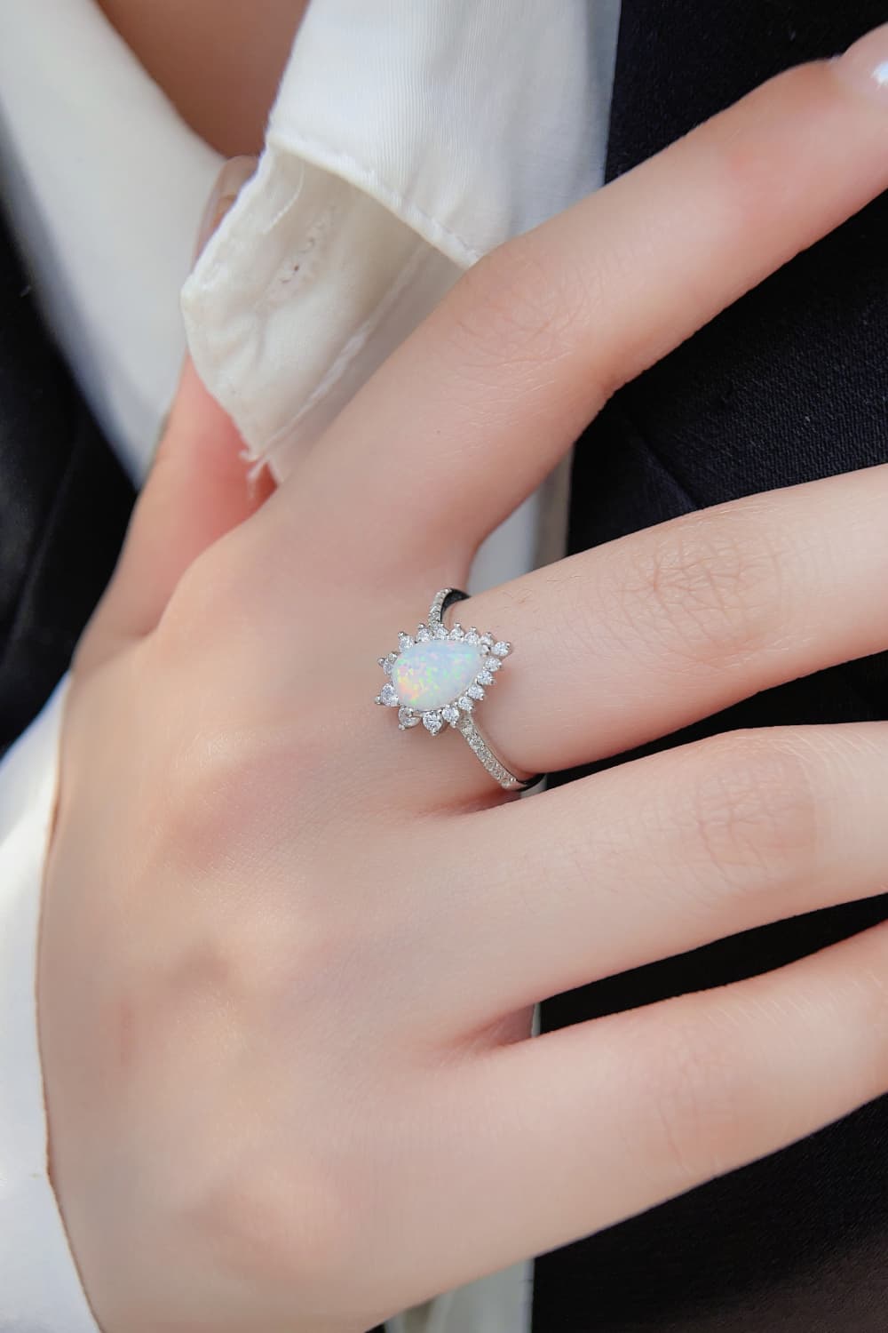 Platinum-Plated Opal Pear Shape Ring Trendsi