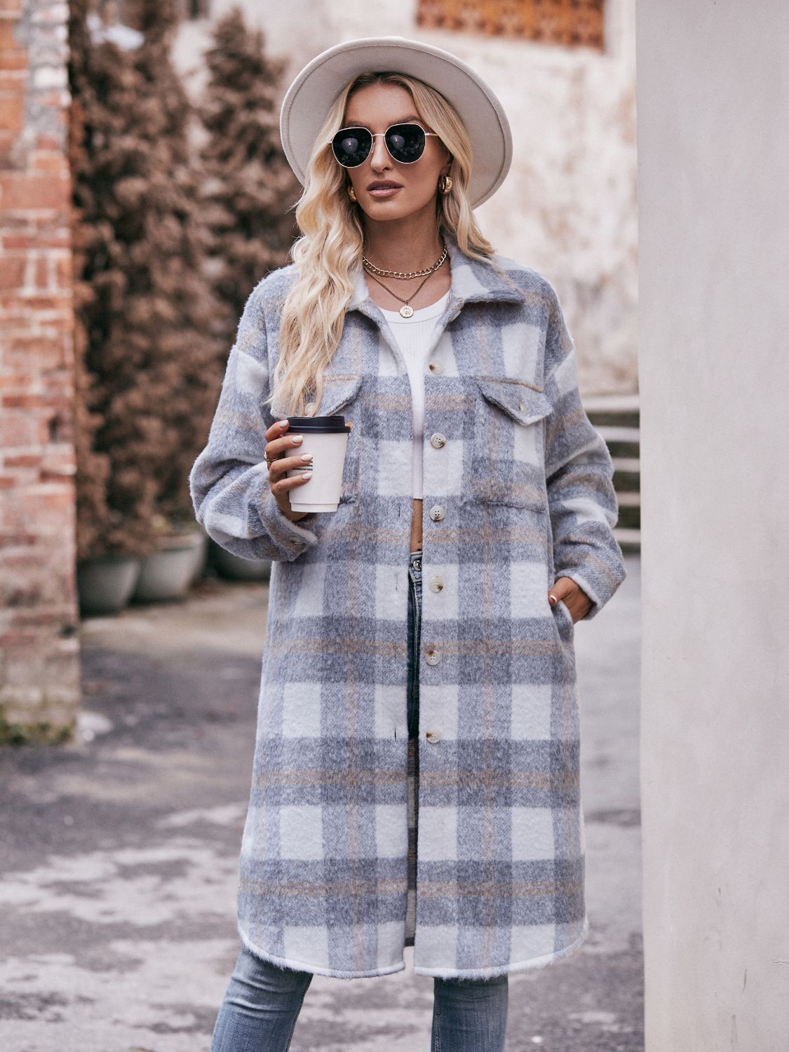 Plaid Dropped Shoulder Slit Coat Trendsi