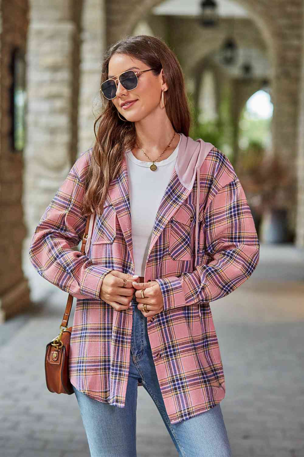 Plaid Long Sleeve Hooded Jacket Trendsi