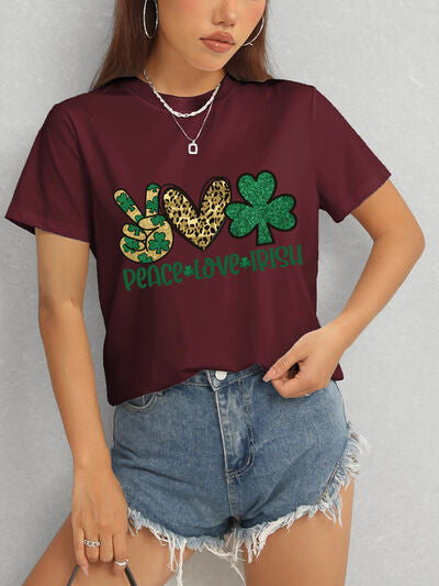 PEACE LOVE IRISH Round Neck Short Sleeve T-Shirt Trendsi