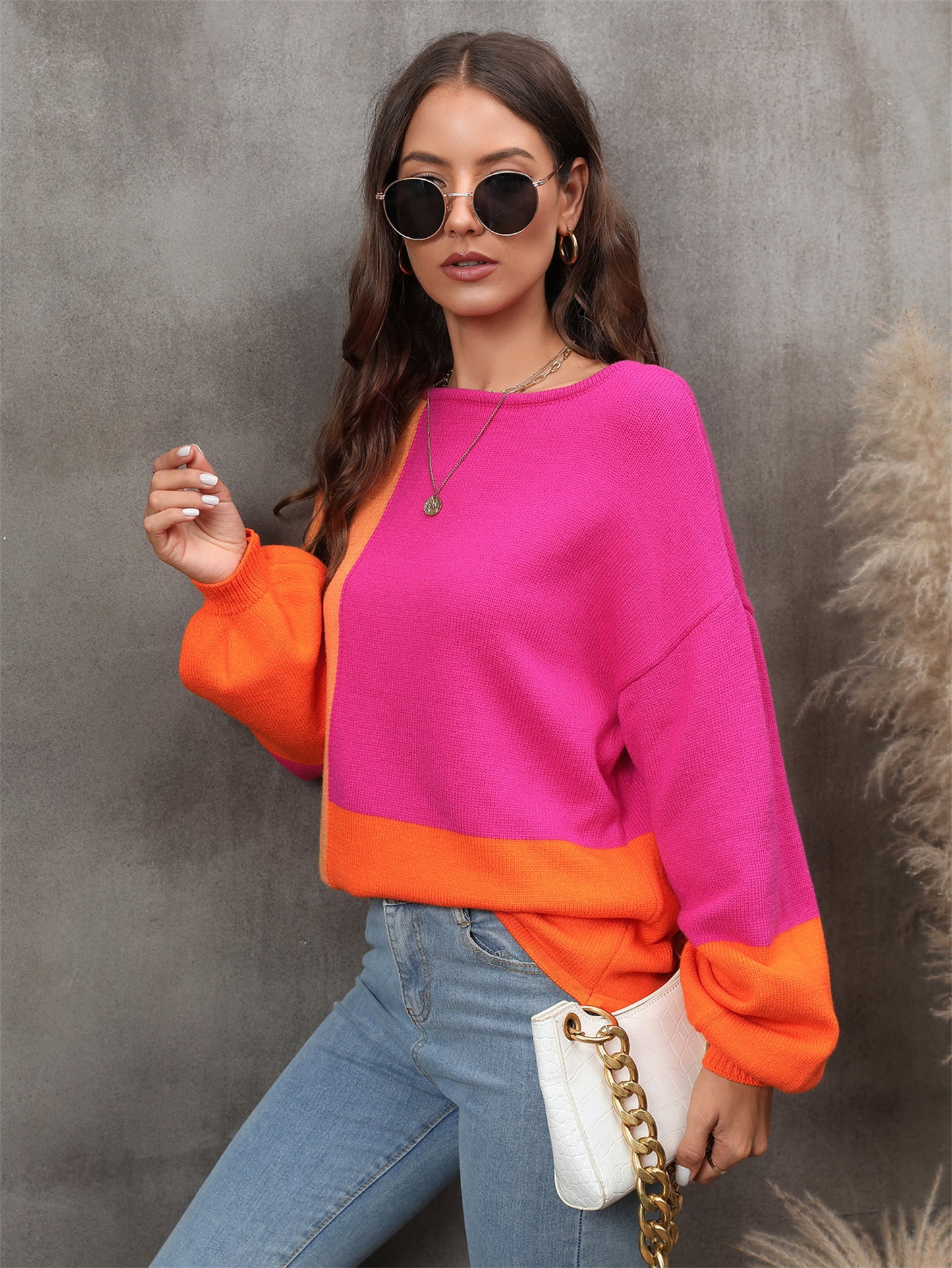 Color Block Round Neck Dropped Shoulder Sweater Trendsi