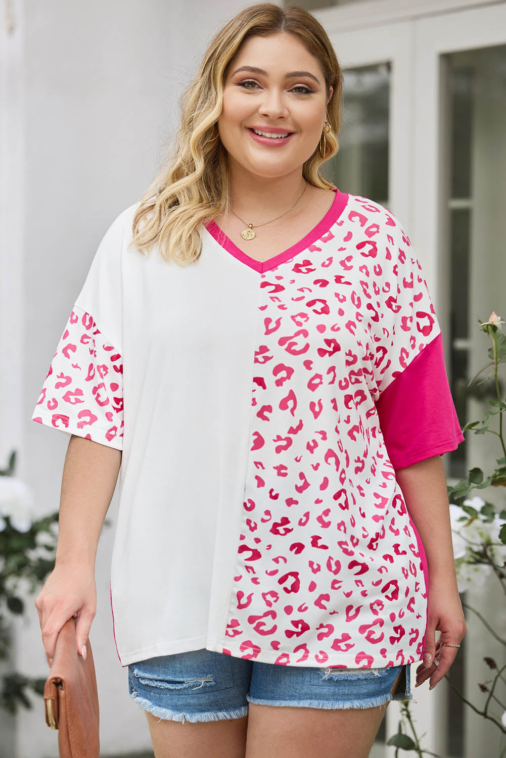 Plus Size Leopard V-Neck T-Shirt Trendsi